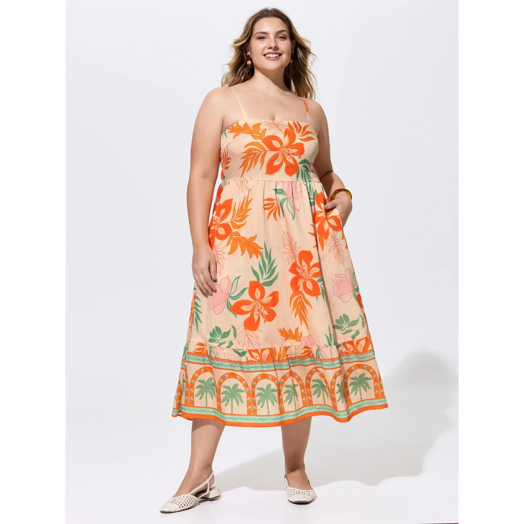 BloomChic Plus Size Women's Casual Cami Maxi Dress, Smocked Resort Style Garment in a Flowy Rayon Nylon Print with Pockets, Fabric, Fit, Curvy Dresses Plus Size, Rayon Blend, Sleeveless, Smooth, Polyester, Floral, Plus Size Casual Dresses