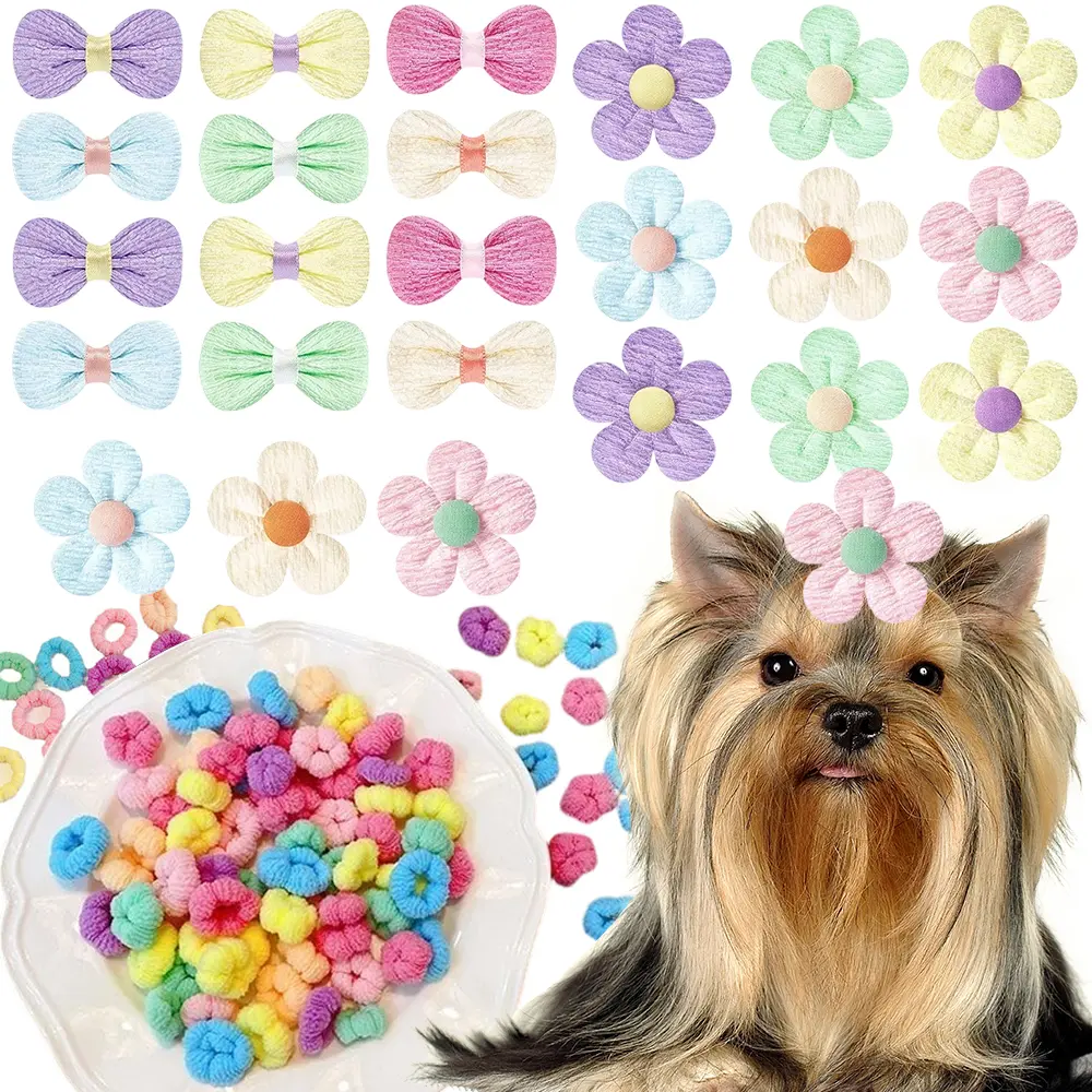 124Pcs Cute Flower Dog Hair Bows with Rubber Bands Handmade Puppy Dog Grooming Bows for Dogs Girls for Holiday Spring Easter Puppy Yorkie Pet Hair Accessories