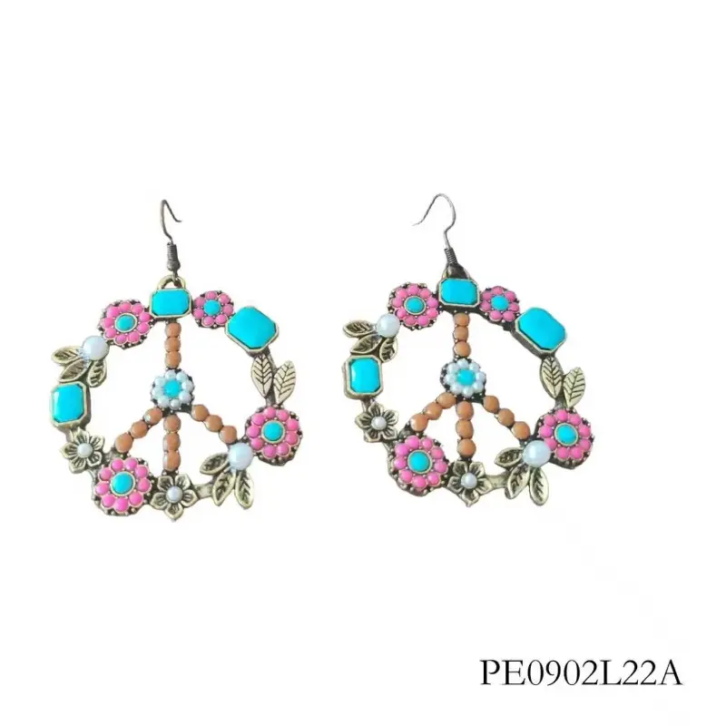 Bohemian Peace Sign Drop Earrings, Vintage Colorful Ethnic Jewelry