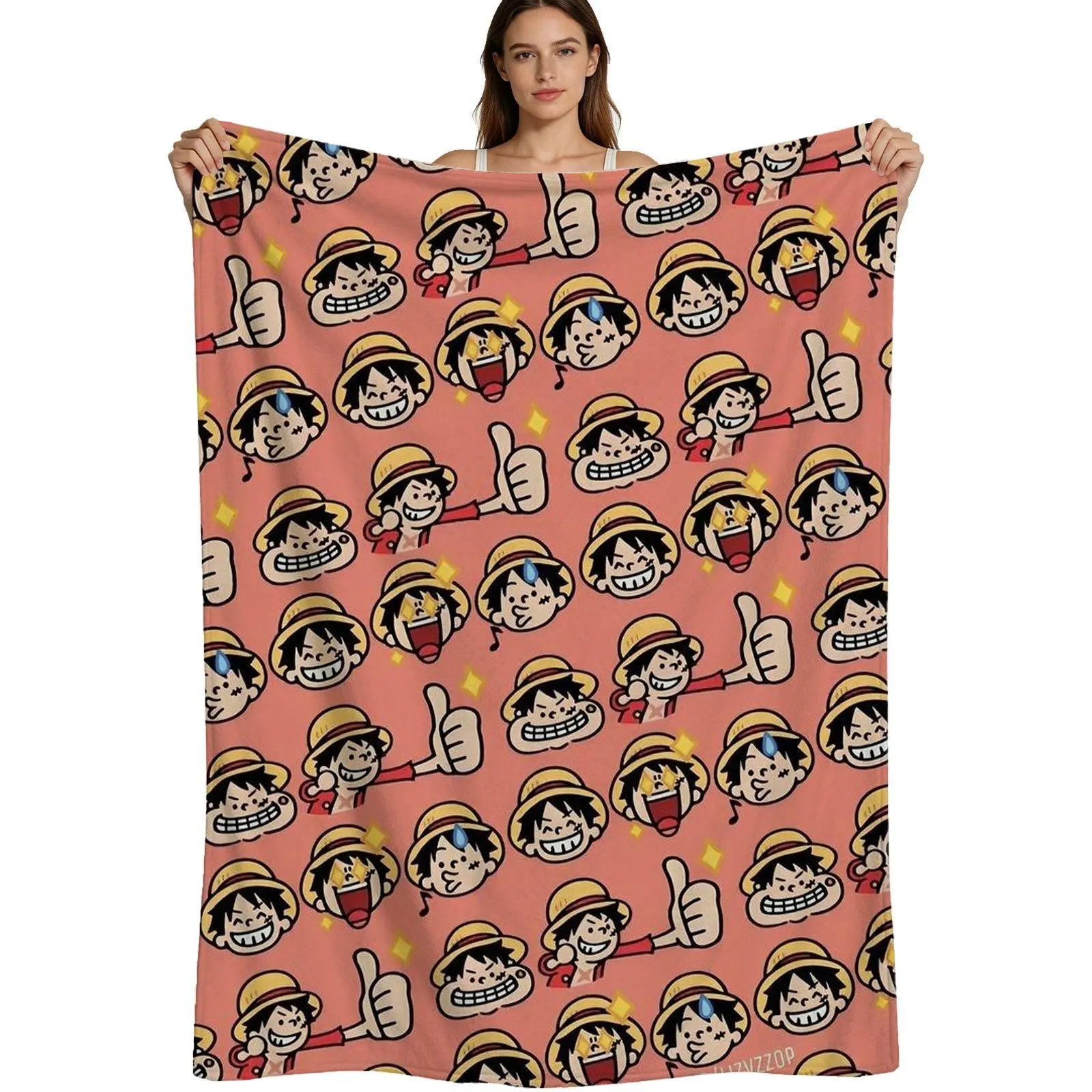 Anime Style, Warm Flannel Blanket, Cute Luffy Thumbs Up Pattern, Soft Fleece Fabric, For Fans And Bedroom Decor, 4 Sizes Available Single Pack