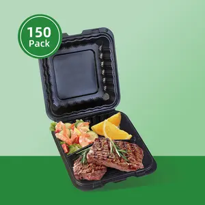 150 units of 8 "/9" Apsic takeaway food container - with lid and 3 compartments hinged takeaway food container - disposable heavy-duty plastic bento box - suitable for microwave ovens and refrigerators, black - suitable for Christmas, parties, gifts,
