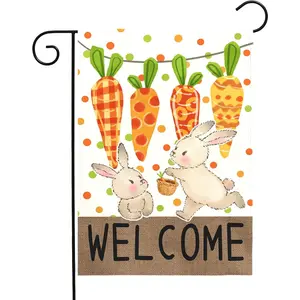 Garden Flag 12 x18 Inch Double Sided Welcome Bunny Carrot Spring Yard Flag Outdoor Farmhouse Porch Decor Cute Rabbit Pattern Seasonal Easter Banners for Garden Lawn Patio Yard Home