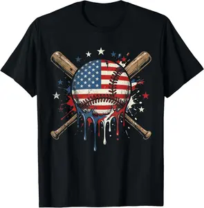 Baseball Ice Cream Drip American Flag Patriotic 4th of July T-Shirt Cotton Fabric Kid