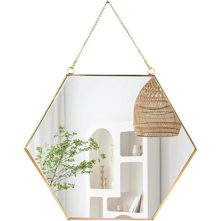 Hanging Wall Hexagon Mirror Decor  Geometric Mirror with Chain for Bathroom Bedroom Living Room 9.4"x 8.2"