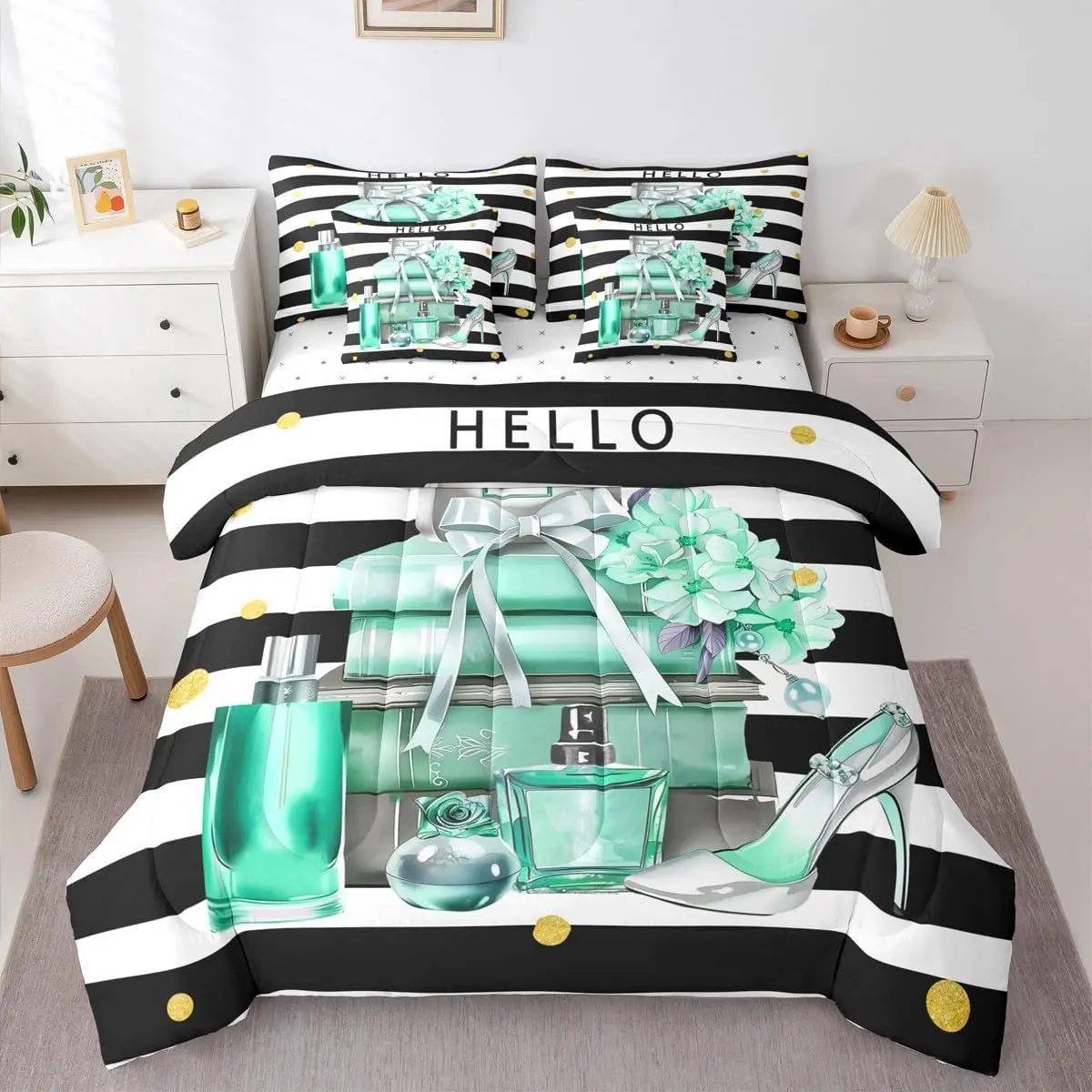 Feelyou 7-Piece Multi-Size Microfiber Comforter Set - Queen, King Size Options, Black Turquoise White Girly Decorative Bedding Set with Sheets, Modern Flower Striped Soft Texture Bed-in-a-Bag, Comforter Set King