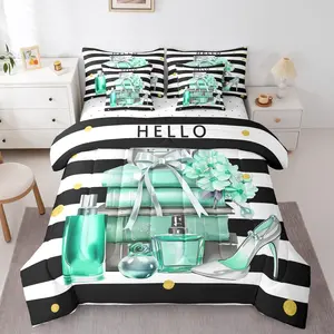 Black and Turquoise Comforter Set with Sheets,Fashion Black White Girly 7 Piece Bedding Set,Modern Flower Floral Perfume Striped Bed in a Bag