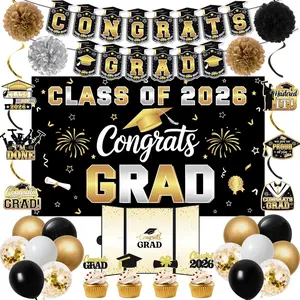 Black  2026 Graduation Party Decorations, Class of 2026 College/High School Graduation Decorations Party Supplies, Black  2026 Congrats Grad Backdrop Banner Signature Book