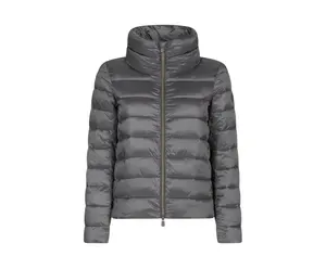 Women's Fitted Minimalist Iris Puffer Jacket - Save The Duck Mid Grey, Basic Everyday Casual Lightweight Long-Sleeve Nylon Shell Coat with Smooth Fabric