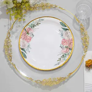 25-Pack Paper 9" Round Dinner Plates White with Peony Floral Design & Gold Rim - Disposable Floral Party Plates for Brunches & Afternoon Teas