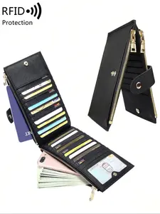 RFID Barrier Double Fold Long Zipper Wallet, Multi Color Credit Card Wallet, PU Leather Coin Wallet, Durable Fashion Wallet, ID Window with Card Slot, Perfect Card and Cash Organizing Accessories, Designed for Daily Use