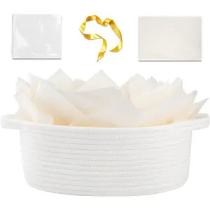 Gift Basket with Handle, Small Woven Basket with Gift Bag，Ribbon and Wrap Tissue Paper，Nursery Bins Empty to Fill with Small Items, Baby，Pet Toy Organizer - White