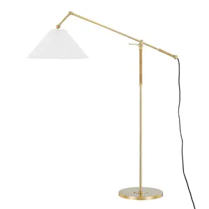 Dorset Floor Lamp with Pleated Shade and Rattan-Wrapped Frame in Aged Brass Finish