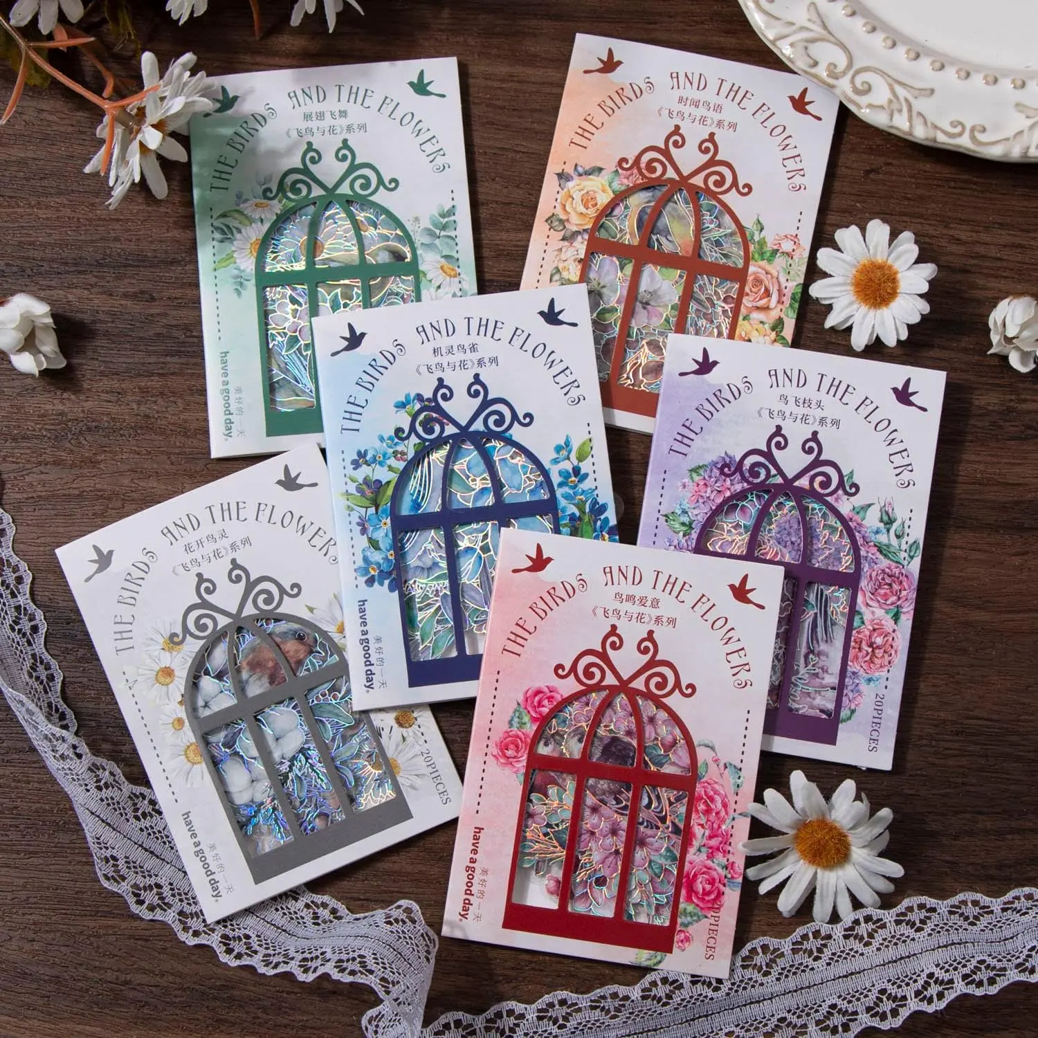 120 Pieces Birds and Flowers Stickers with Silver Holographic Edge and Clear Background, Nature Scrapbooking Sticker for Journaling Supplies Bullet Journal Planner Card Making DIY Crafts