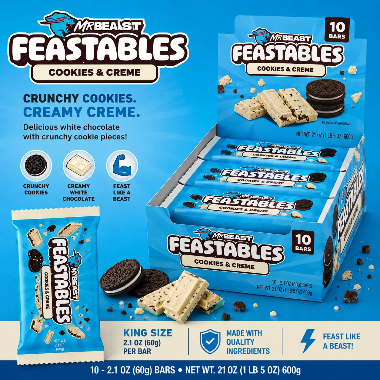 Feastables MrBeast Cookies and Creme Bars King Size 2.1 oz 10 Count Chocolate Candy Bars