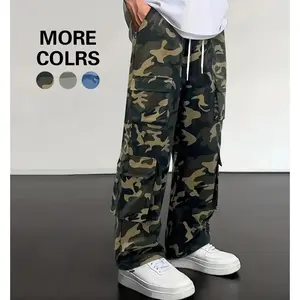 New European and American camouflage overalls men's wild trend in spring and autumn American retro style loose straight casual men's long pants.