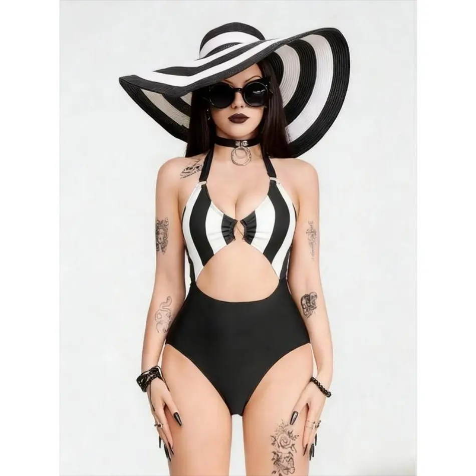 2026 NEW Women’s Goth Colorblock Striped One-Piece Swimsuit UV400 | Hollow Out Halter High-Cut | Summer Beach Vacation Halloween Party TikTokShop