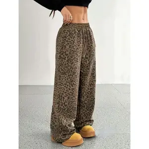 Women's Leopard Baggy Wide Leg Sweatpants Drawstring High Waisted Cheetah Print Lounge Barrel Trousers with Pockets Bottoms Womenswear