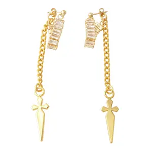 Gold rhinestone baguette, gold chain and dangling dagger edgy medieval earrings