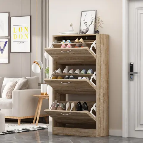 FUFU&GAGA Easy Rectangular MDF Wood Shoe Storage Cabinet Organiser - 3 Flip-Drawers, 2-Layer Racks, Dust-Isolating, Top for Keys/Wallet, Adjustable, Modern Freestanding Entryway Accessory, Assembly Required (22.4”W x 9.4”D x 29.5”H), 2 Colors