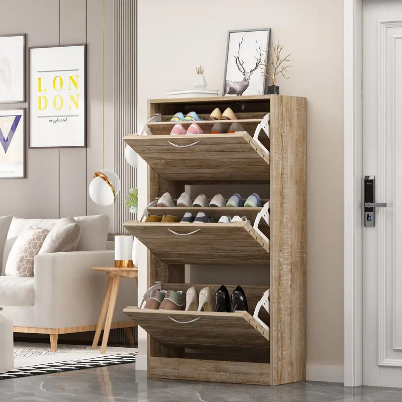 FUFU&GAGA Easy Rectangular MDF Wood Shoe Storage Cabinet Organiser - 3 Flip-Drawers, 2-Layer Racks, Dust-Isolating, Top for Keys/Wallet, Adjustable, Modern Freestanding Entryway Accessory, Assembly Required (22.4”W x 9.4”D x 29.5”H), 2 Colors
