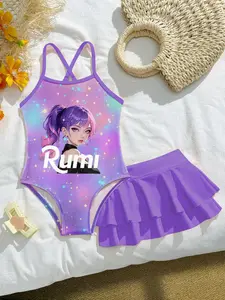 K Pop Beach Babe Sweet Cool Girl Toddler Swimsuit Gradient Starry Sky Print Summer Vacation Casual Two-Piece Set