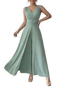 Elegant V-Neck Pleated Waist Pearl Chiffon Lightweight Wide Leg Jumpsuit, Wedding Guest, Women's Formal Party Wear, Womenswear