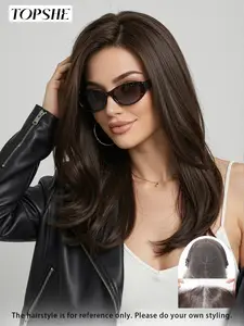 Topshe 13x6 Glueless Lace Front Wig, Chocolate Brown Fiber Hair, Breathable Lace, Natural Layered Cut, Long Straight, High Heat Resistant, Easy Wear, Glueless Frontal Wig