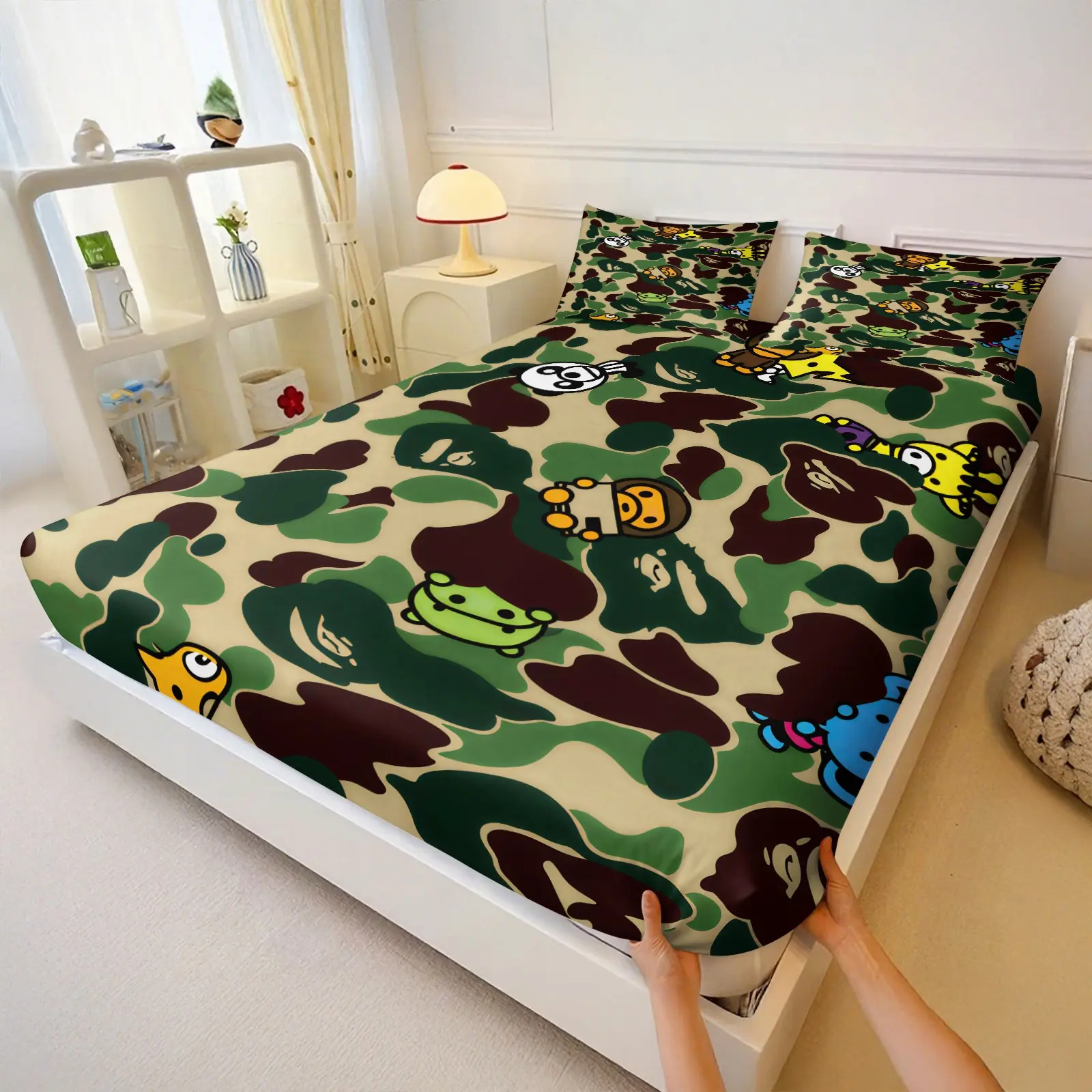 3Pcs Cartoon Animals Green Camo Fitted Sheet Set No Fillers, Bed Sets Supplies, Classic Streetwear Camouflage Bed Sheet Set, Kawaii Bedding Set with Pillowcases, Deep Pocket for Kids Teens Bedroom Dorm Decor, Cute Bed Sheets, Bed Linens Bedset
