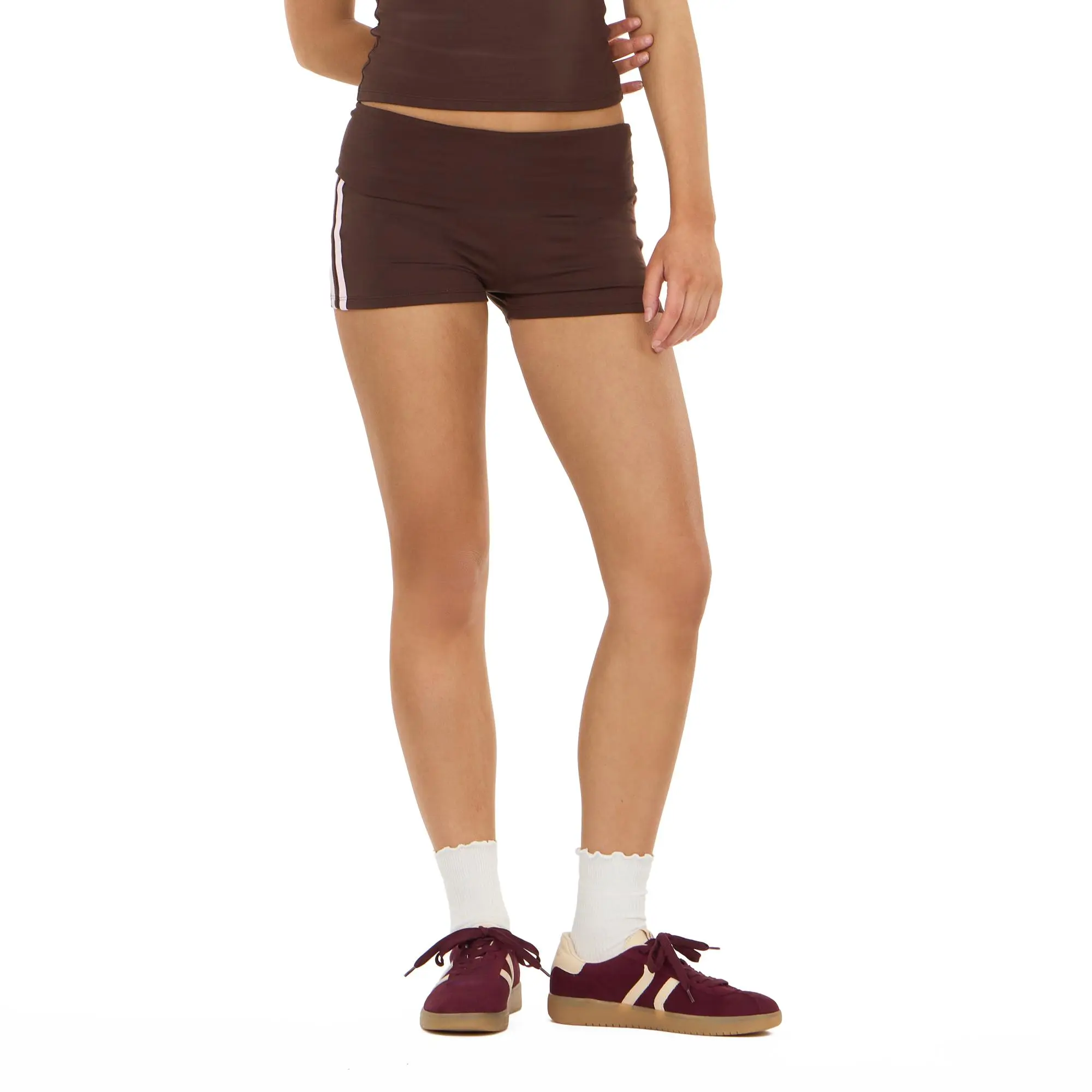 Forever 21 Women's Active Side Stripe Shorts with Fold-Over Waistband, Soft Stretch Fabric for a High or Low Rise Fit, Casual Travel Wear, Sporty Chic, Athletic-Inspired, Mid Rise, Elastic Waist, Female, Fits High Or Low, Everyday, Above The Knee