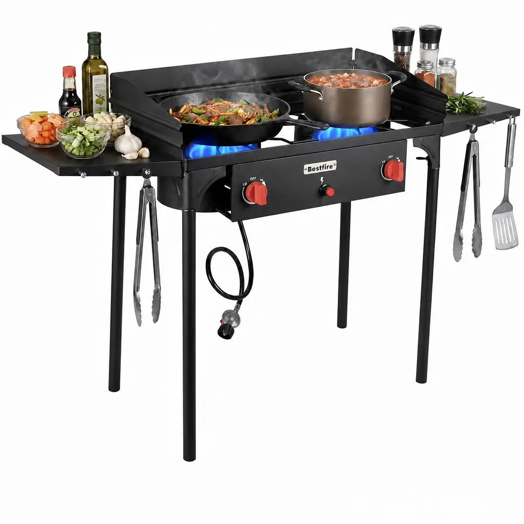 BESTFIRE 150,000 BTU Propane Stove with Wind Panel – 2 Burner Camping Gas Stove with Removable Legs, Side Shelves, & Auto Ignition, Heavy Duty Outdoor Cooker for BBQ, Home Brewing, Turkey Frying & Large Pot Cooking