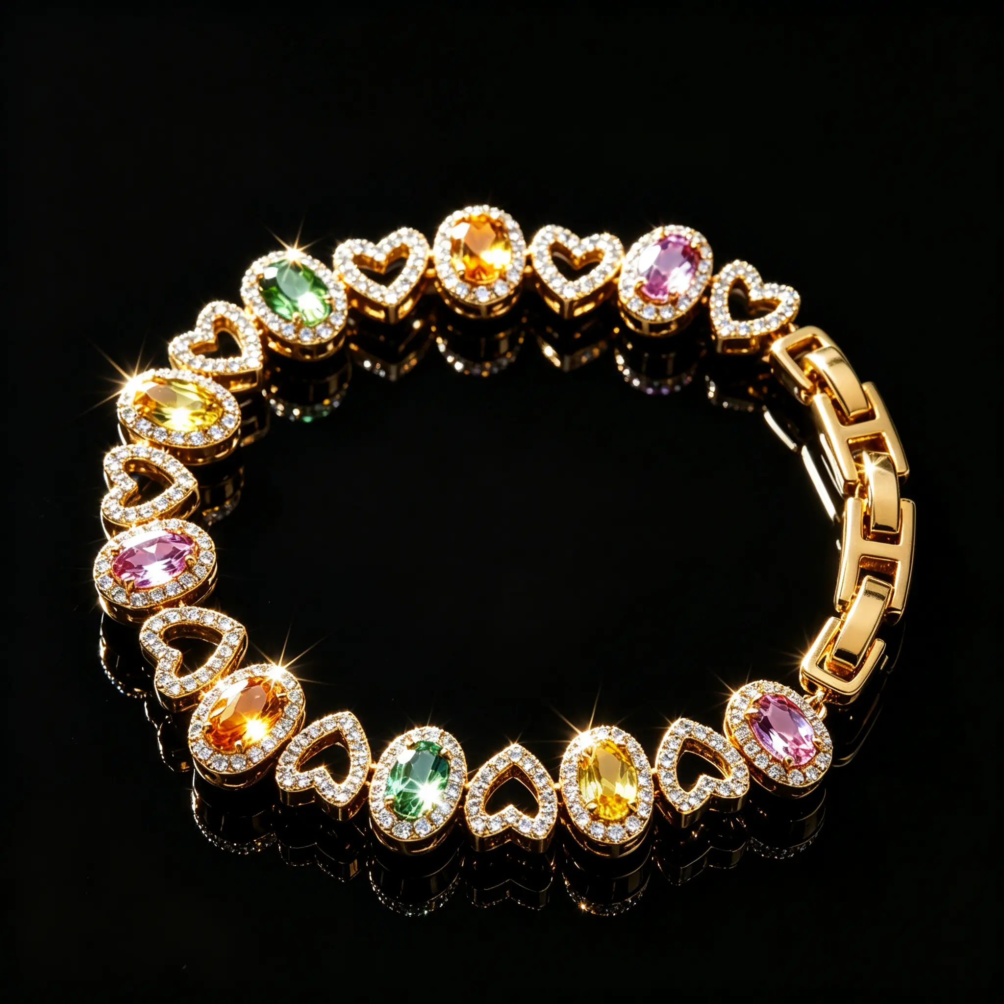 Women's Gold Plated Rainbow Heart Bracelet - Adjustable Paved Multi-Color Cubic Zirconia Charm Bracelet, Perfect for Romantic Dates, Daily, Party, Bright Gold Tone Statement Casual Jewelry, Paved Charm