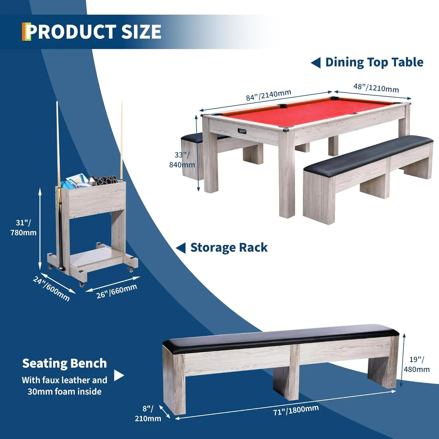 【Christmas Gift】Red,7FT 3-in-1 Pool Table with Dining Top & Table Tennis | Billiard Table Set with Accessories (Balls, Cues, Ping Pong) | HDF Wood Grain Finish | Includes Rolling Storage Caddy
