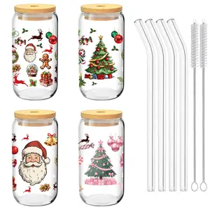 Christmas Theme Glass Cups Set of 4 with Straws, Reusable 16oz Ice Coffee Glasses, Perfect Christmas Decorations, Drinkware