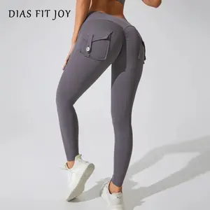 Nylon Yoga pants buttocks pocket tight pants women's sports fitness pants hip lifting Breathable No T Line