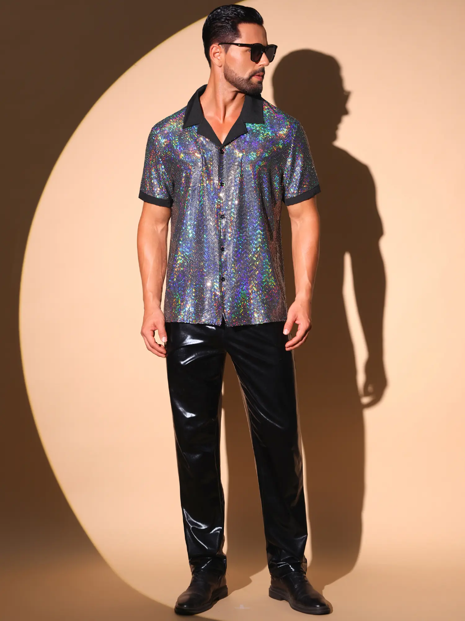 INSPIRE CHIC Metallic Sequins Shirts for Men's Camp Collar Button Down Short Sleeve Shiny Shirt