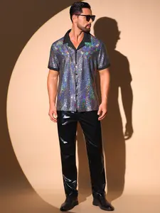 INSPIRE CHIC Metallic Sequins Shirts for Men's Camp Collar Button Down Short Sleeve Shiny Shirt