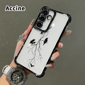 Phone Case Compatible with Samsung Galaxy S23 Ultra S24 Plus S25 S22+ FE Edge Ravens on Branches Pattern Four Corners Anti-drop Cellphone Protective Durable Total Coverage Shockproof Phone Cover