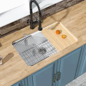 Marevia 30" White Fireclay Workstation Kitchen Sink Undermount/Drop-In Single Bowl with Integrated Cutting Board 30 x 19 Inch Stain Resistant Non-Yellowing Modern Upgrade