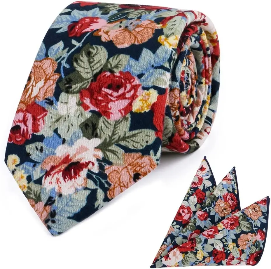 Floral Ties for Men with Pocket Squares Set 2.56'' Printed Skinny Cotton Necktie