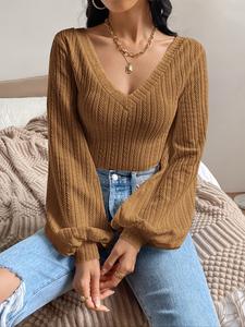 women's plain lantern sleeve v neck tee, fall outfits, elegant casual long sleeve t-shirt for fall, t shirts for women, fashion women's clothing for daily wear