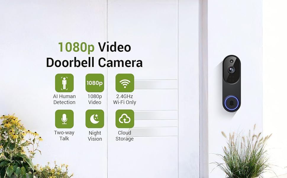1080P Wireless Video Doorbell Camera, Outdoor Surveillance Cameras, FHD Live View, Cloud Storage, AI Human Detection, Instant Alert, Night Vision, Two Way Audio, 2.4G WiFi Only