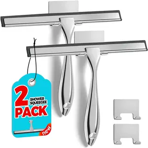 2PACK Shower Squeegee for Glass Doors  Squeegee for Shower Glass All-Purpose Tile Walls Bathroom, Window, Glass and Car Windshield, Mirrors and Kitchen-Stainless Steel, 10 Inches, Silver