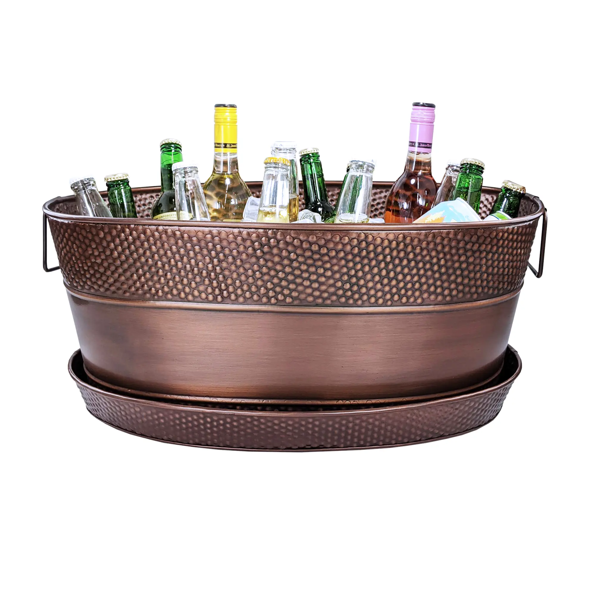Aspen Metal Beverage Tub with Tray Hammered Antique Copper | BREKX Decorative Traditional Drink Set