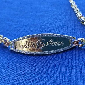 15 Anos Quinceanera 3 Tones 14kgold-plated High-quality Bracelet with Mis15Anos Engraving and Sparkling Details zirconia stones