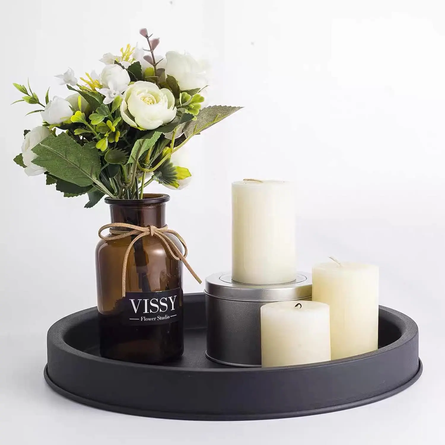 Black Round Decorative Serving Tray, Black Decorative Tray for Coffee Table Centerpieces Modern Farmhouse  Decorations