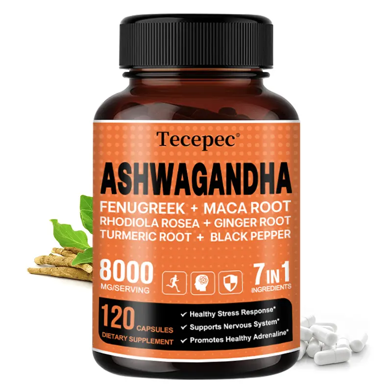 Tecepec Ashwagandha Extract 8000mg - 7-in-1 Adaptogen Blend with Maca & Rhodiola for Stress Relief & Mood Support - 120 Capsules