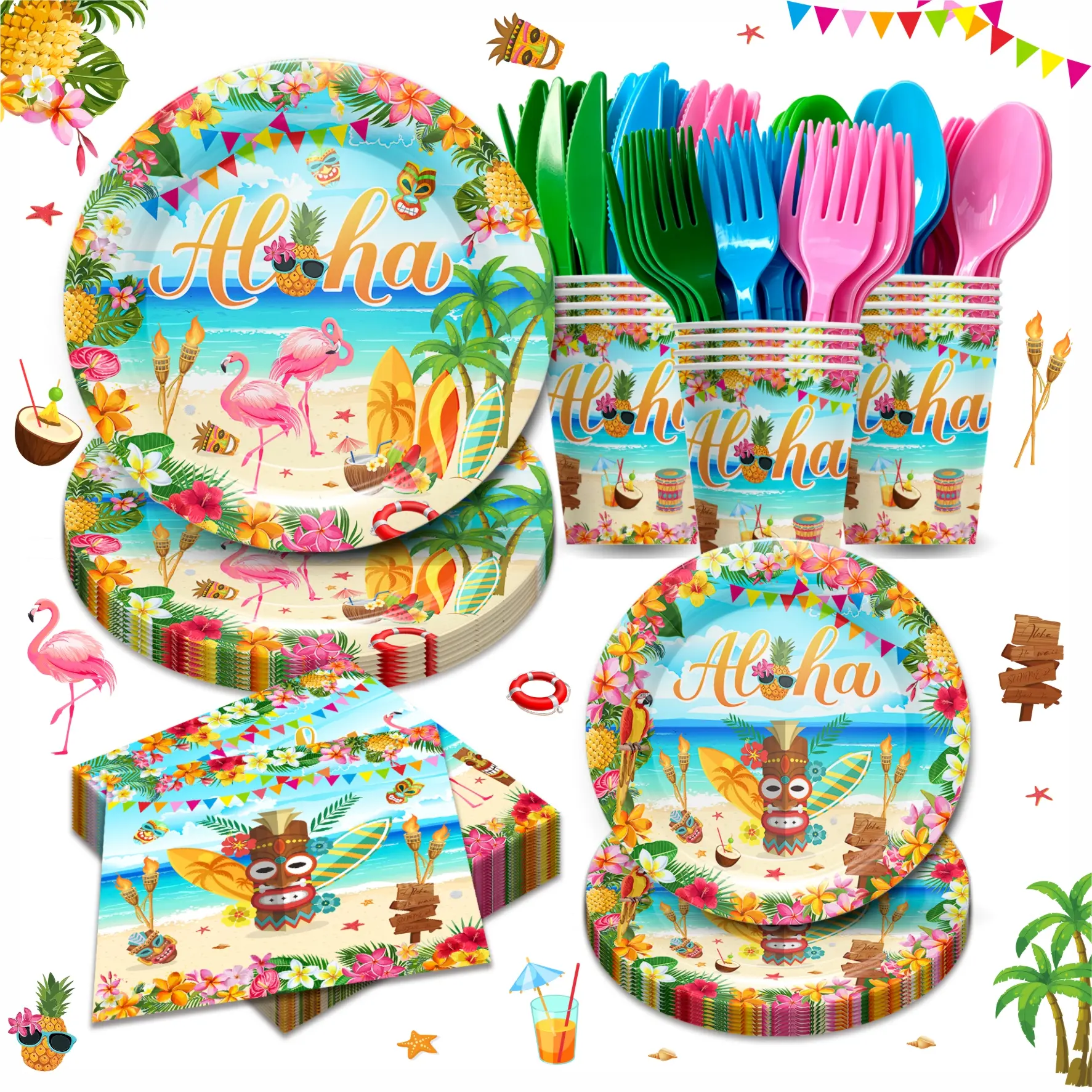 168pcs Hawaiian Aloha Party Decorations Supplies, Luau Tropical Birthday Party Plates, Summer Beach Holiday Party Paper Plates, Napkins, Cups，Tableware Set, Serves 24
