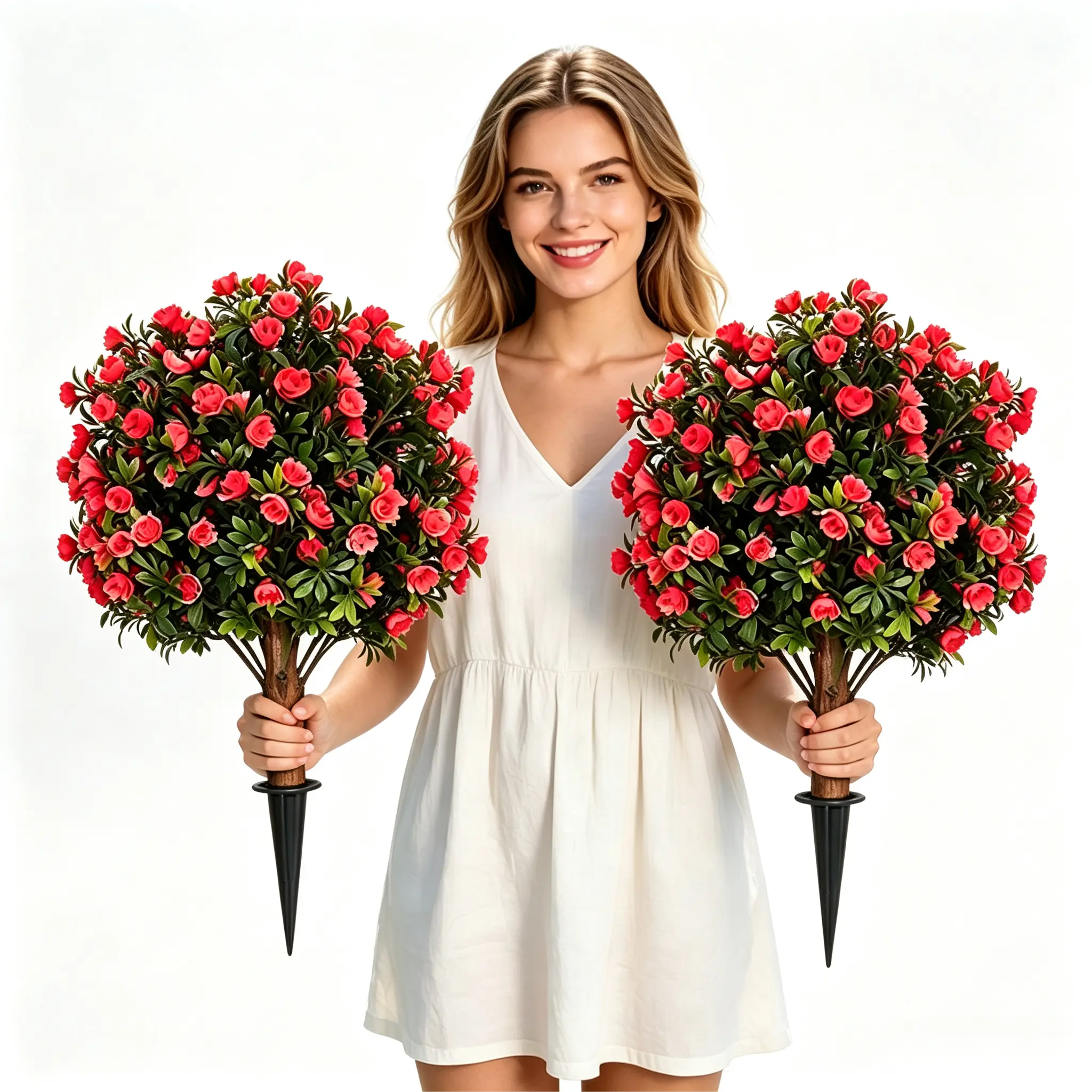 2-Pack 24-Inch Artificial Rose Topiary Trees, Faux Rose Bushes with Ground Stakes, UV-Resistant No-Fading Outdoor Flowers for Garden, Patio, Porch & Front Door Decor, Artificial Plants for Yard, Faux Trees for Entryway