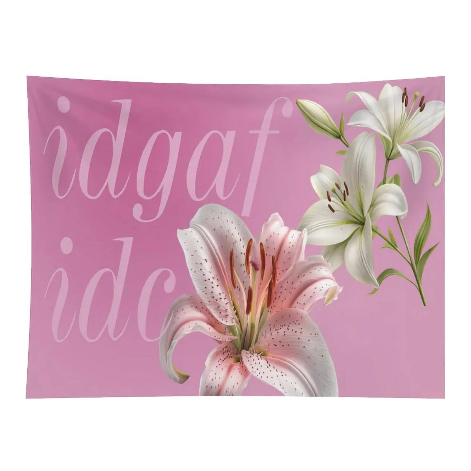 Elegant Pink White Lily Flower Tapestry Simple Pink Background Minimalist Floral Letter Art Wall Hanging For Girls Bedroom Decor