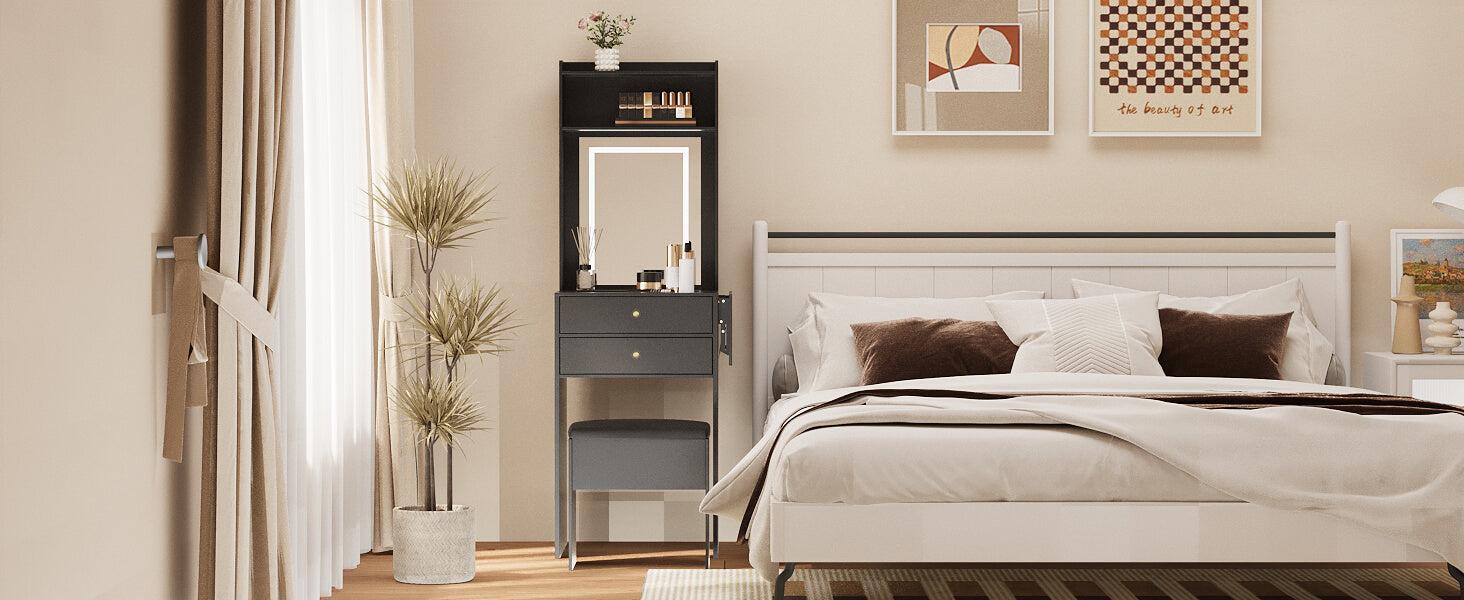 Small Vanity Desk Set with 3 Adjustable Lighted Mirror and Storage Chair IF018,  MDF panels